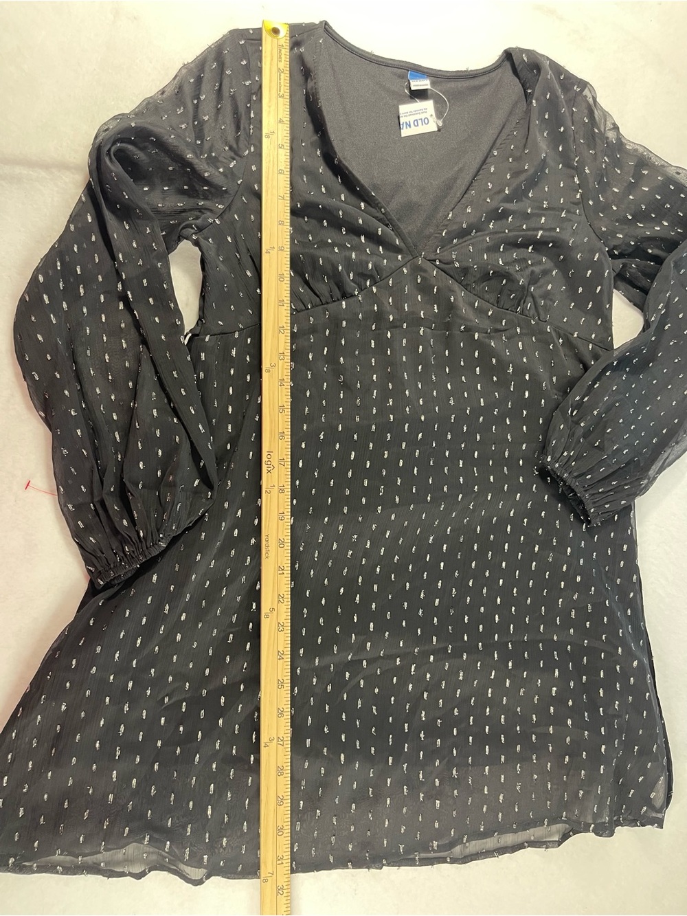 Old Navy NWT Black Silver Metallic Chiffon Mini Dress Long Sleeve Size S - Picture 4 of 6